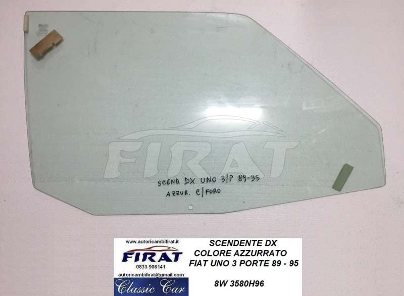 VETRO SCENDENTE FIAT UNO 3 PORTE 89 - 95 DX AZZURRATO